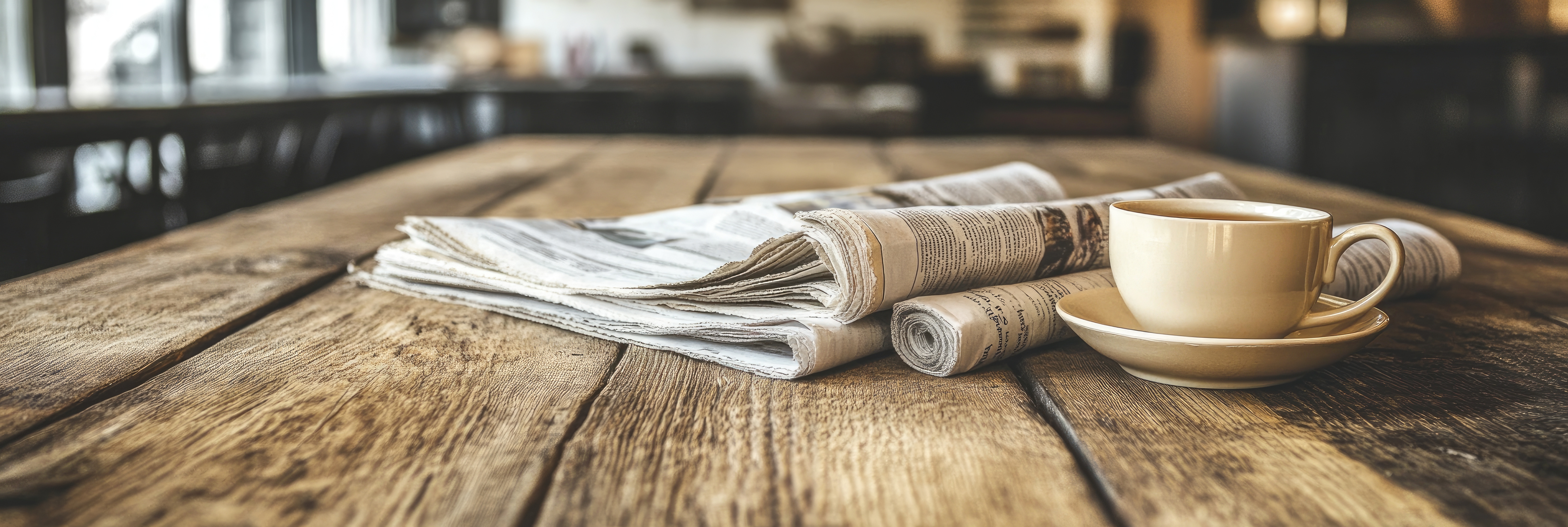 Das Bild zeigt eine Zeitung auf einem Tisch in einem Café