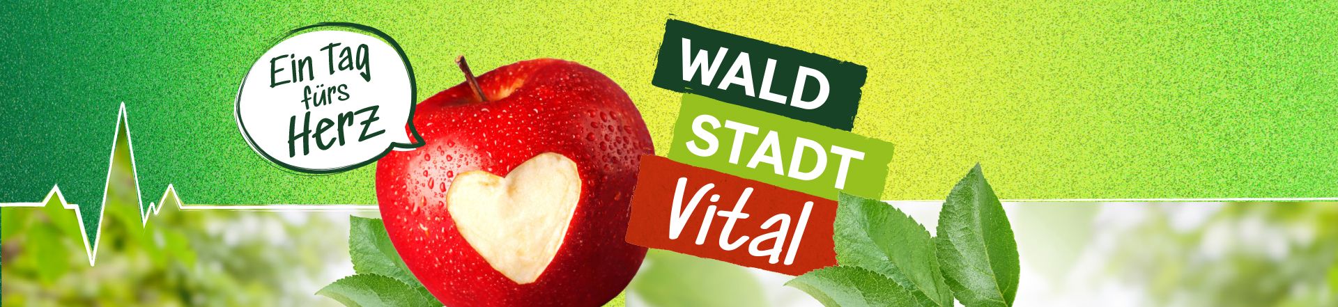 Das Bild zeigt einen Apfel und den Schriftzug "Wald Stadt Vital"