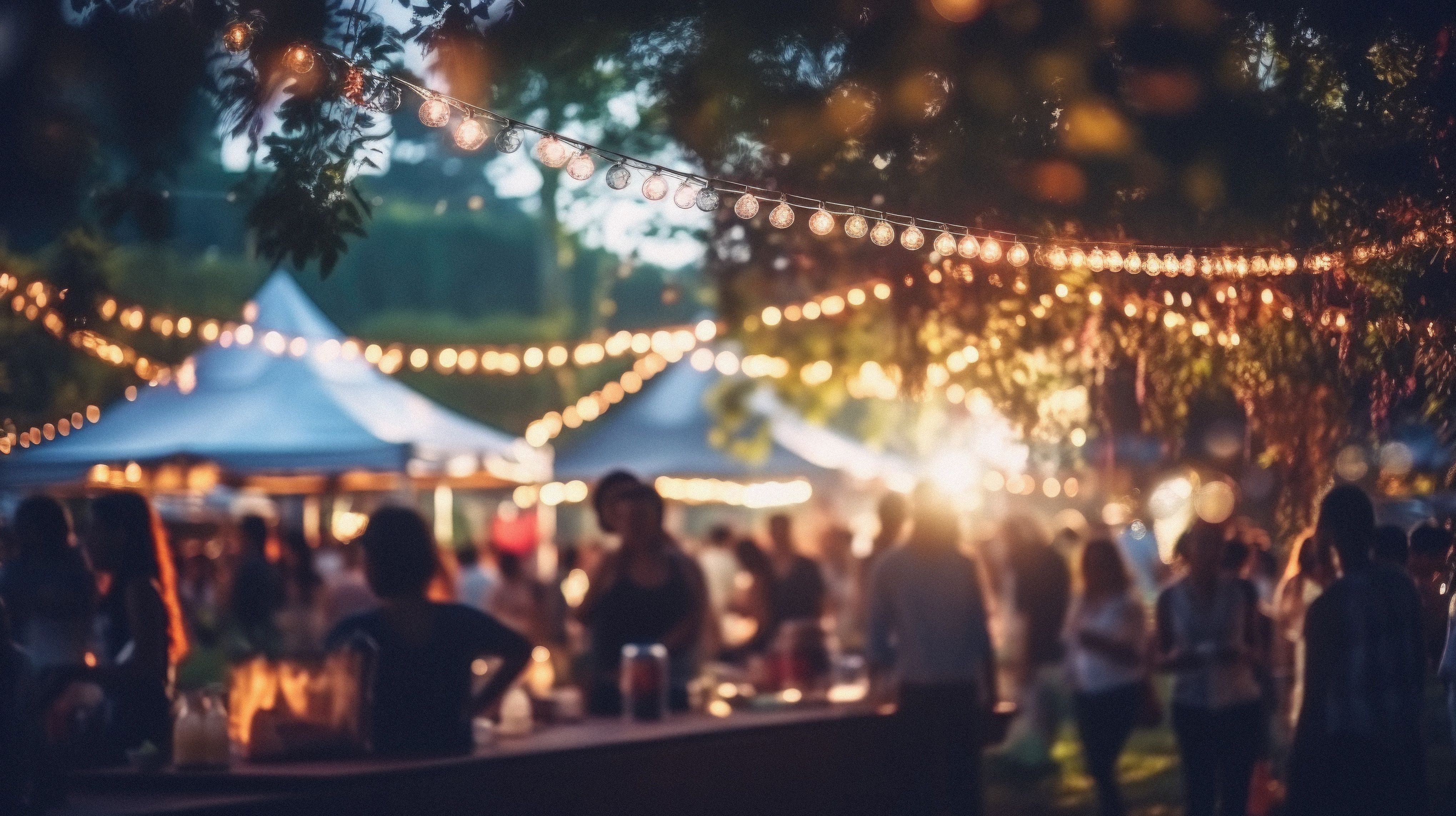 Blurred image of people at outdoor festival with bokeh lights