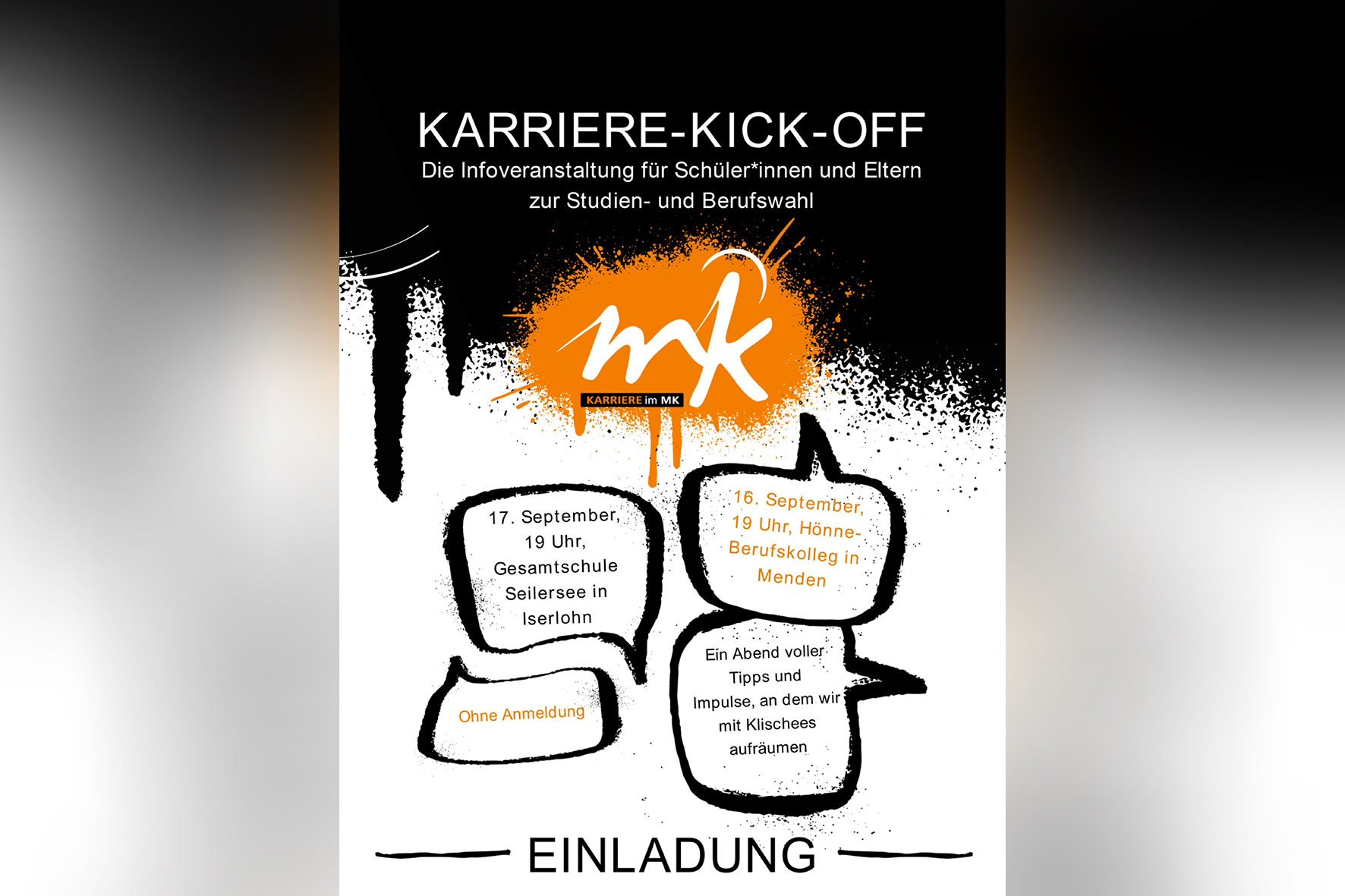 Am 17. September startet mit "KARRIERE-KICK-OFF" eine Infoveranstaltung im Vorfeld zur Studien- und Ausbildungsmesse "Karriere im MK". Am 17. September startet mit "KARRIERE-KICK-OFF" eine Infoveranstaltung im Vorfeld zur Studien- und Ausbildungsmesse "Karriere im MK".