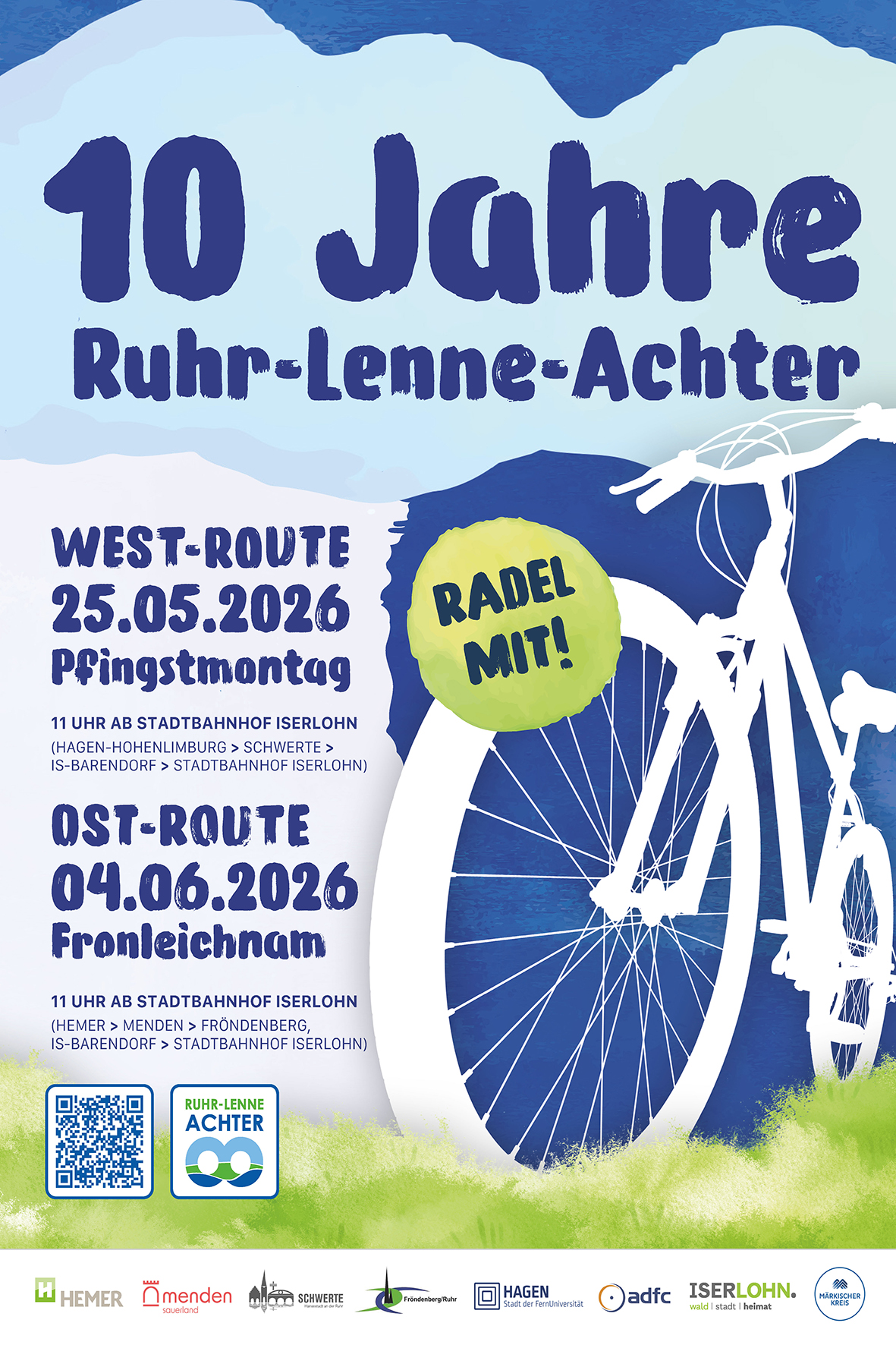 Zu zwei Jubiläumstouren über den Ruhr-Lenne-Achter laden der Märkische Kreis, der ADFC, die Stadt Iserlohn sowie die Städte Hemer, Menden, Schwerte, Fröndenberg und Hagen alle Interessierten Radfahrfans ein.