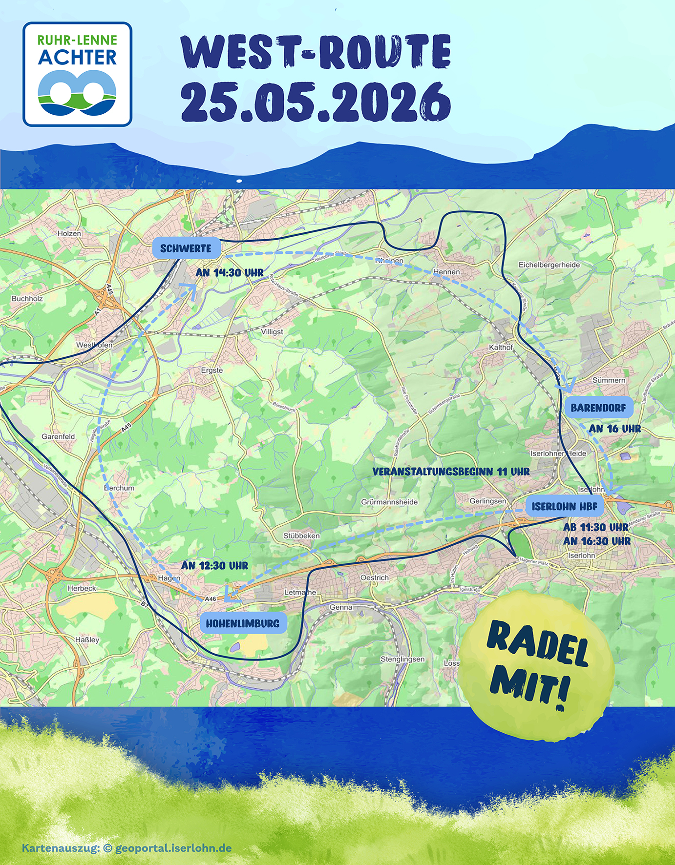 Das STADTRADELN beginnt in Iserlohn mit einer Jubiläumstour über die West-Route des Ruhr-Lenne-Achters bei sommerlichen Temperaturen.