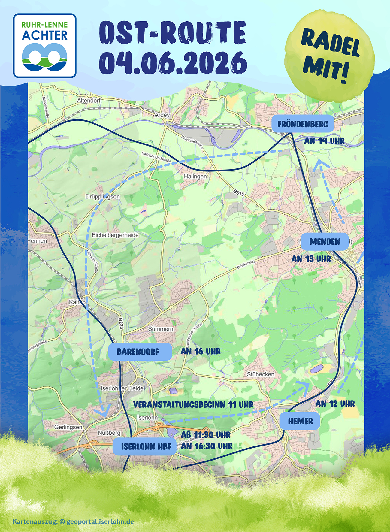Bei der zweiten Jubiläumstour des Ruhr-Lenne-Achters im Rahmen der Aktion STADTRADELN wird an Fronleichnam die Ost-Route befahren. 