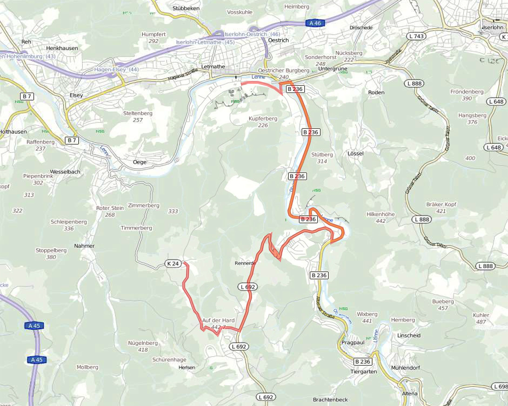 Die Umleitungsstrecken (rot markiert) führen über den Stenglingser Weg, Diepke sowie über die Landstraße 692 (L692) und die Kreisstraße 24 (K24).