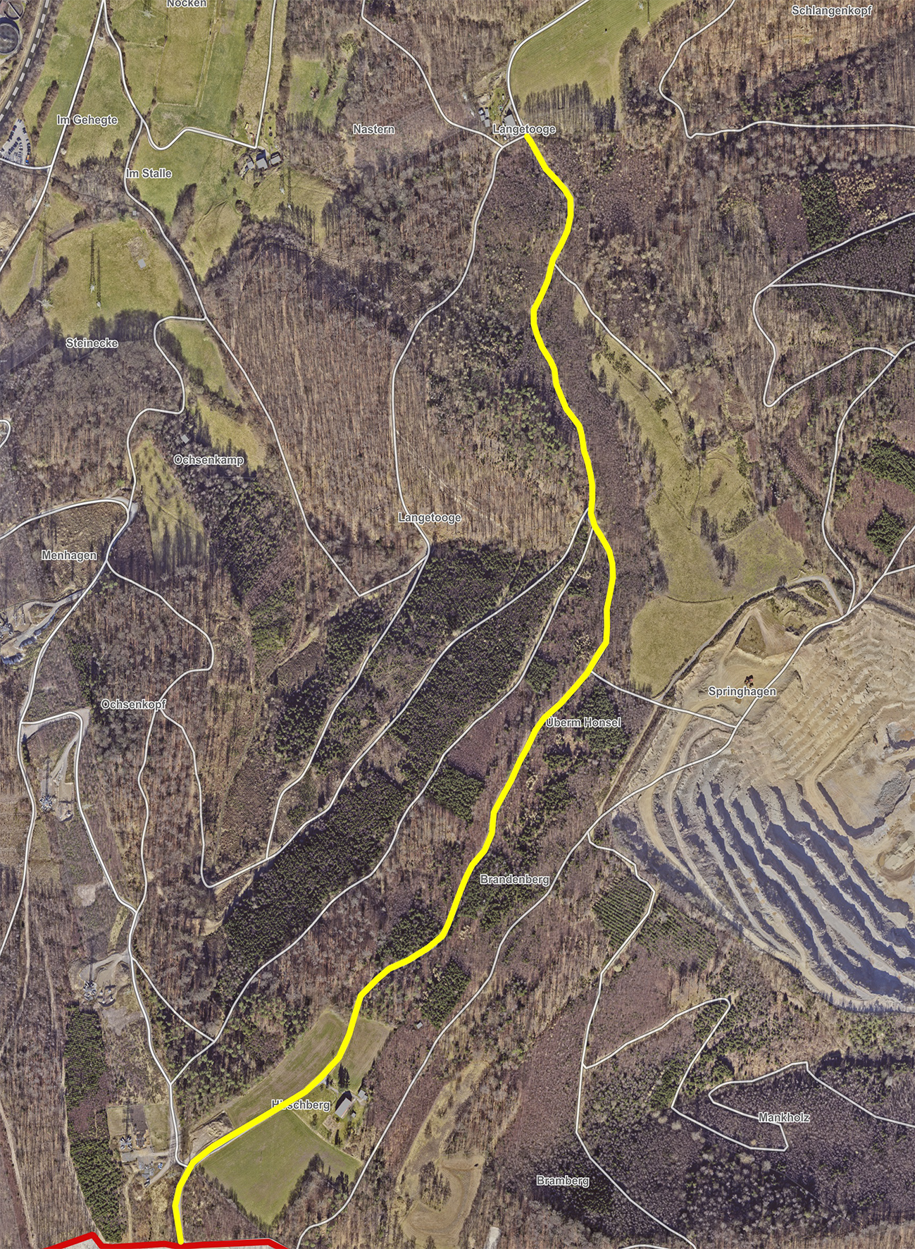 Der erste Bauabschnitt des Honselwegs (gelb markiert) ist etwa 1,7 Kilometer lang. 