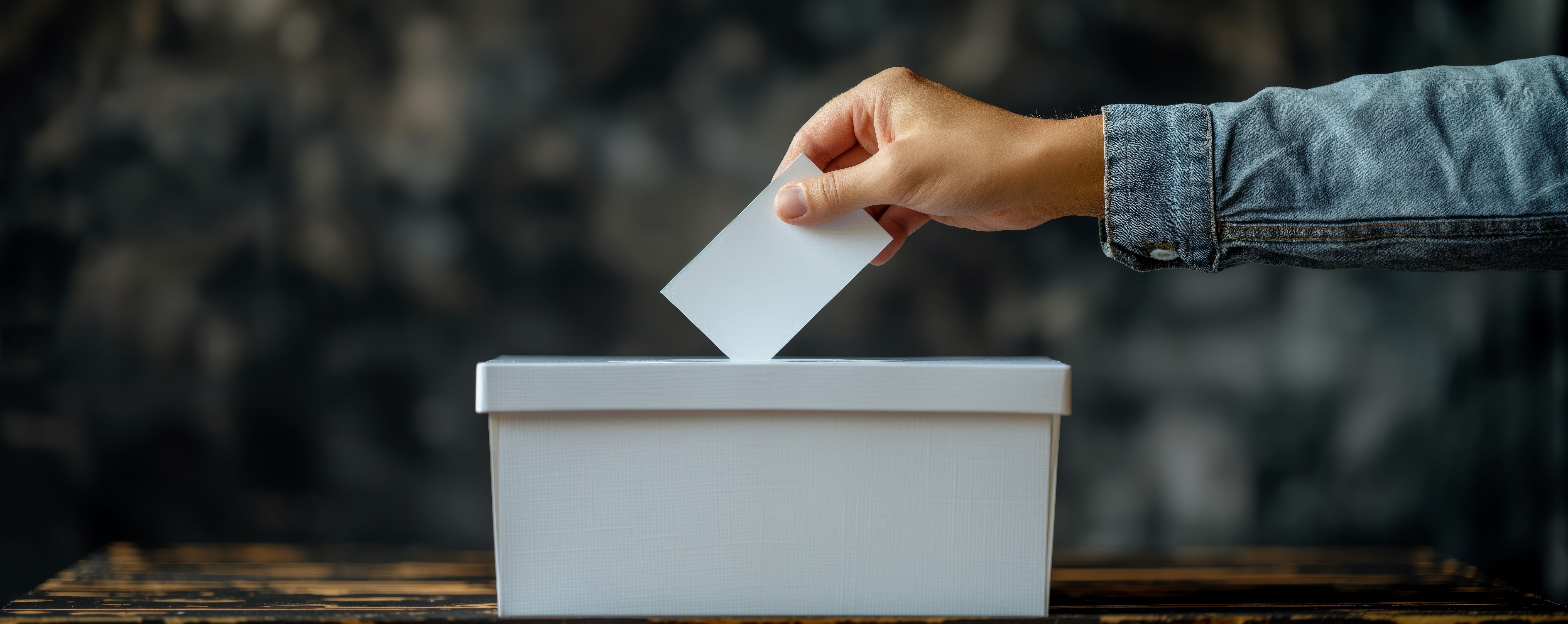 Das Bild zeigt, wie jemand einen Wahlzettel in eine Wahlurne wirft.